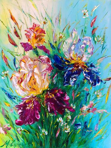 IRIS ELEGANCE - Blue iris. Wild irises. Impasto painting. thumb