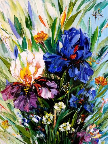 BRIGHT IRISES - Bouquet. Blue flowers. Yellow iris. 3d flowers. thumb
