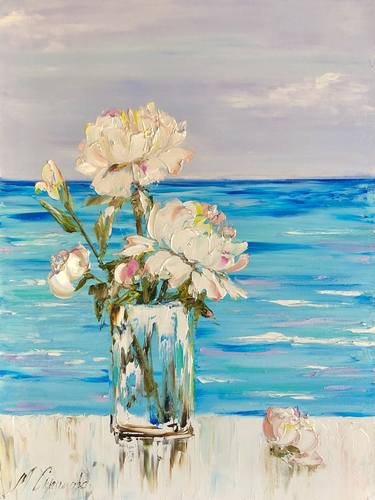 FLOWER MORNING - Seascape. White. Peonies. Delicate flowers. thumb