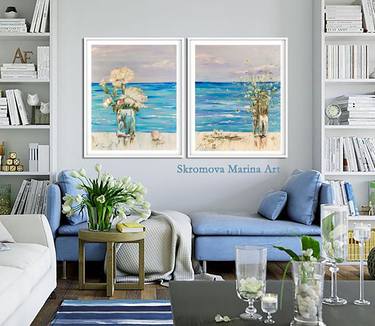 SEA ROMANCE - Sea set. Diptych marine theme. Ocean. Sea. Waves. Horizon. Sea horizon oil painting. thumb