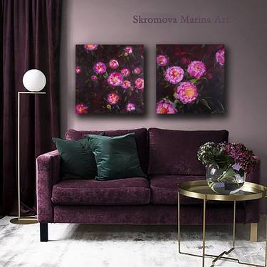 ROMANTIC TWILIGHT - Set. Oil diptych. Pink peonies. Two paintings. Double panel. Dark peonies. thumb
