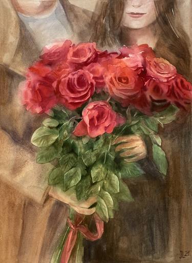 Date Red Roses Lovers Original Watercolor Painting red brown large size gift Anniversary thumb