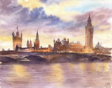 London Bridge Cityscape Original Watercolor painting small size gift River Thames Big Ben Tower thumb