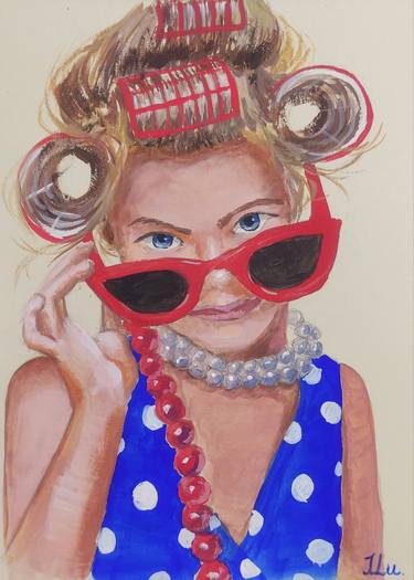 A MODERN GIRL WITH GLASSES - tempera painting, chidren fashion, passion thumb