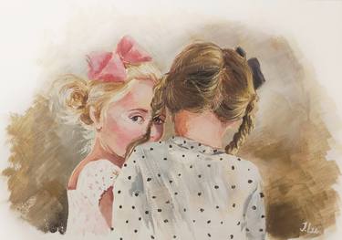 ONE BIG SECRET OF TWO LITTLE SISTERS -  original oil painting, two girls wispering, childhood, children room thumb
