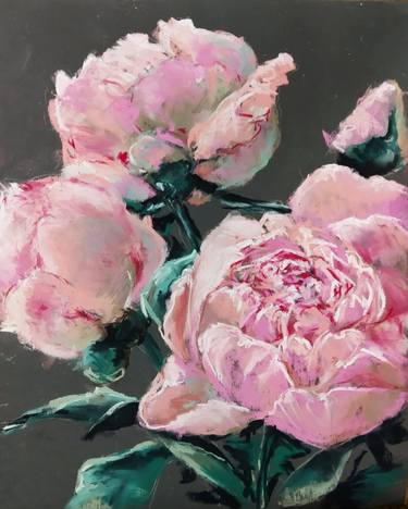 THE PINK CREAMY PEONIES FROM MY GARDEN - pastel summer drawing thumb