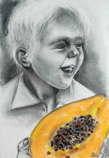 THE LITTLE BOY EATING ORANGE PAPAYA - charcoal and pastel drawing thumb