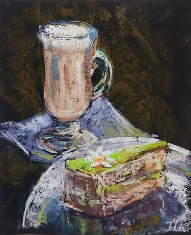 THE SWEET CHEESECAKE WITH LATTE - original pastel drawing on sanded paper thumb