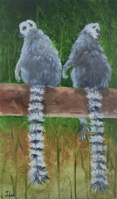 A LOVELY COUPLE OF WILD LEMURS - original oil painting on the hardboard thumb