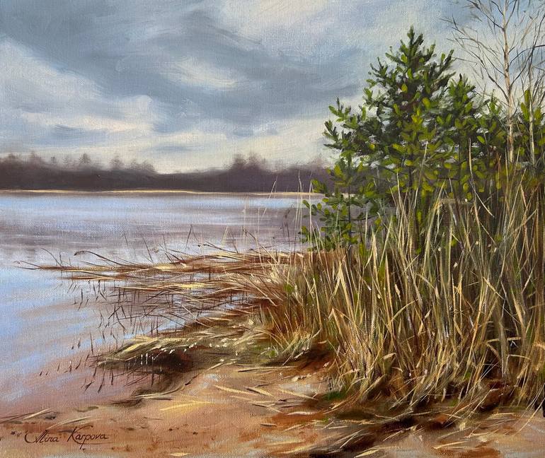 Original Landscape Painting by Alina Karpova | Realism Art on Canvas | Early spring at the lake