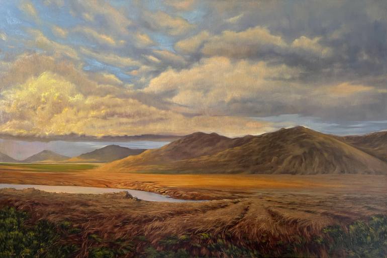 Original Landscape Painting by Alina Karpova | Realism Art on Canvas | Early sunset over the mountains