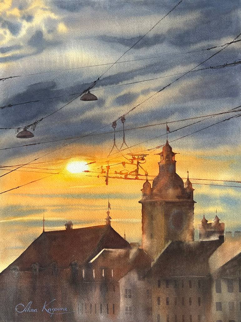 Original Sunset Painting by Alina Karpova | Impressionism Art on Paper | Sunset over the roofs