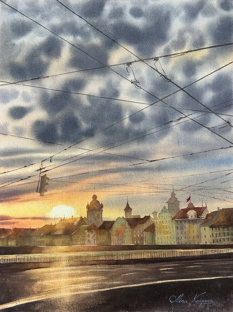 Original Sunset Painting by Alina Karpova | Impressionism Art on Paper | Low sun over the city