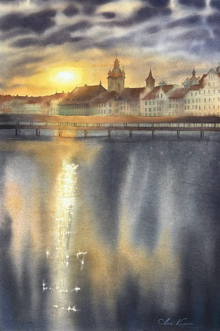 Original Sunset Painting by Alina Karpova | Impressionism Art on Paper | Sunset over the old town