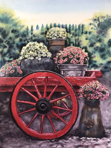 Old red cart with flowers thumb