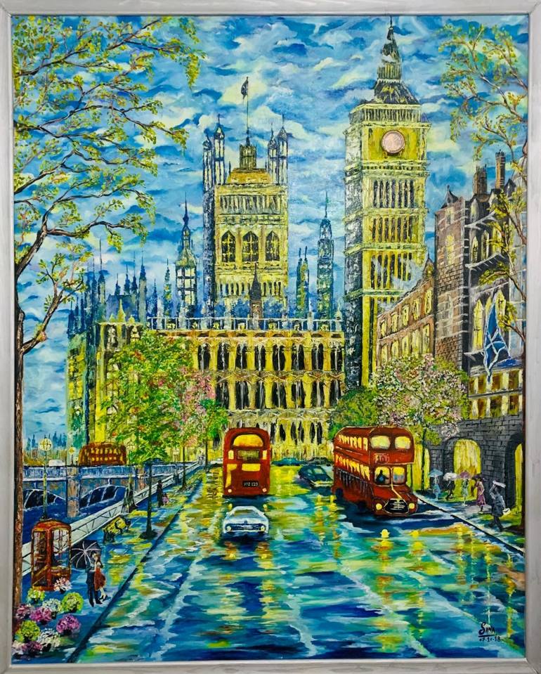 Original Architecture Painting by Artsyby Sana | Abstract Art on Canvas | Big Ben and Houeses of Parliment