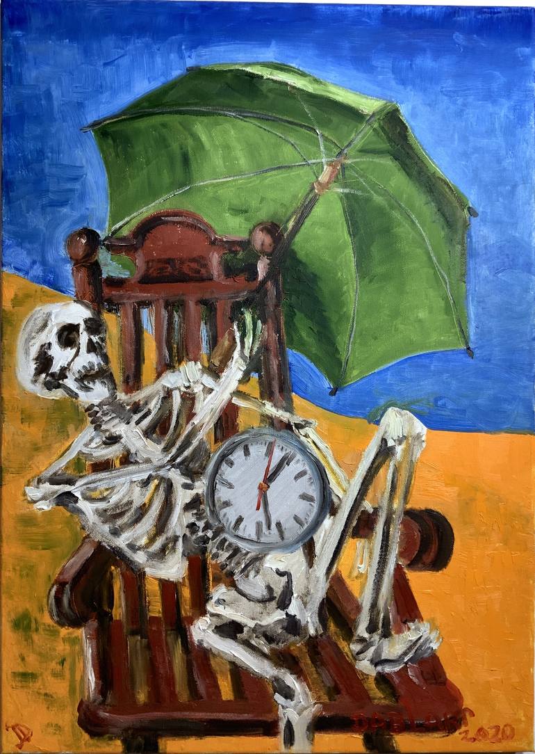 Original Time Painting by Artist Dablart  Surrealism Art on Canvas  Men time umbrella