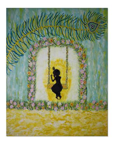 Krishna on Swing of Heaven, Abstract Painting on Canvas, Acrylic Abstract Painting, Krishna Abstract Painting for Living Room thumb