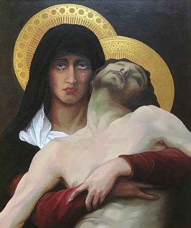 «Pieta» Religious painting of Jesus Christ and the Virgin Mary original oil painting. thumb