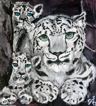 Snow leopards, mom and cubs thumb