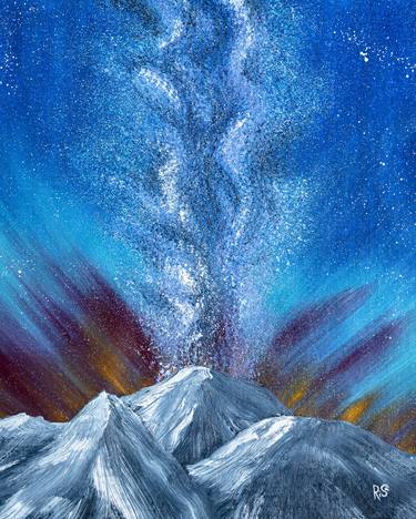 MILKY WAY small canvas landscape, snowy mountains Alps, milky way galaxy, space art, peak Everest, night sky, sunrise, starry skyscape, Xmas gift for a friend, home decor, soft blue, celestial thumb