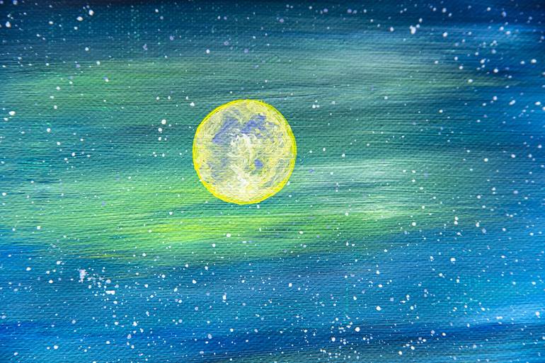 HOUSE ON THE MOUNTAIN long canvas seascape, night landscape, sky, sea, waves,  milky way, full moon, moonlight, starry landscape, midnight, Christmas gift  for relatives, home art, office decor Painting by Rimma Savina