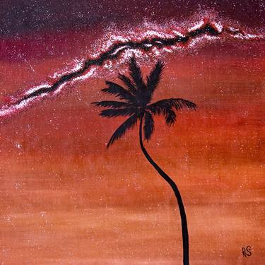 Saatchi Art Artist Rimma Savina; Paintings, “LONELY NIGHT square canvas landscape, minimalisitc sky, milky way, palm tree, brown, beige, red, black, bright, Christmas gift, office decor, for wooden interior” #art