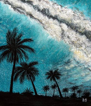 PALM TREES AND STARS - small canvas landscape, teal sky, stars, palm trees, summertime, rest, serenity, vacation, Xmas gift, home decor, fantastic, acrylic ocean space thumb