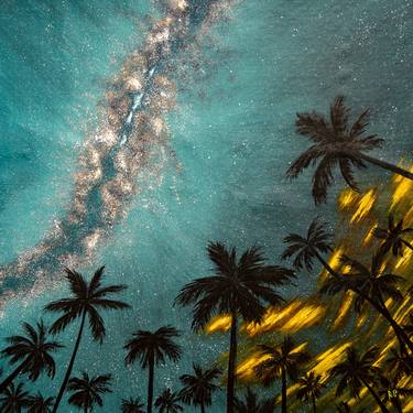 Saatchi Art Artist Rimma Savina; Paintings, “SUMMER EVENING - large square canvas landscape, milky way, astro painting, palm trees, summer evening, Easter gift, vacation, from below, lobby decor, office wall art” #art