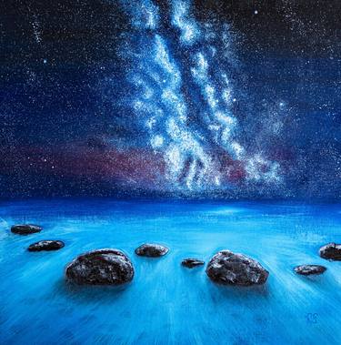 LAKE OF DREAMS - large square canvas seascape, sea, lake shore, stream of water, flowing water, boulders, stones, milky way, space art, astronomy, nasa, original gift, home decoration thumb