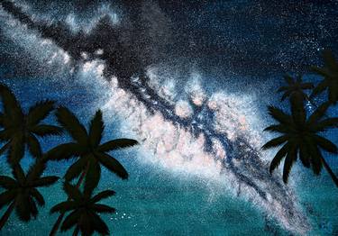NIGHT DREAMS - large canvas skyscape, palm trees branches, milky way galaxy, teal night sky, astro painting, Easter gift, Xmas gift, home decor, office art thumb