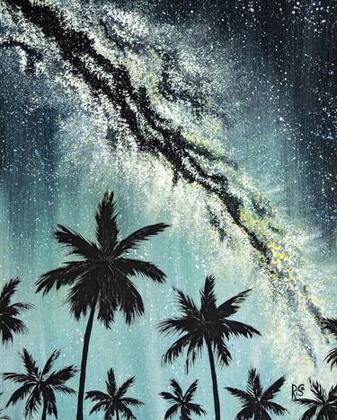 GREEN LIGHTS - small canvas skyscape, green night sky, soft summer night, palm trees silhouettes, stars, Milky way galaxy, space art, astro painting, mystery, decor, original gift thumb