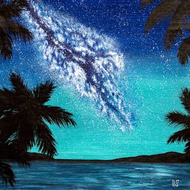 DREAMY SKYSCAPE - small square canvas seascape, night sky, milky way, palm trees branch, dark silhouettes, Esater gift, home decor thumb
