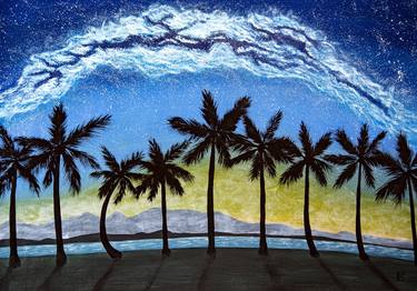 DREAMY PALM TREES - large canvas landscape, sea, bay, starry sky, milky way, space art, astro painting, minimalistic landscape, palm trees, Miami, Xmas gift, Easter gift, home art thumb