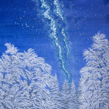DECEMBER NIGHT - square snowy landscape, winter night, forest, sky, Milky Way, astro painting, space art, birch trees, snow, branch, gift, home decor thumb