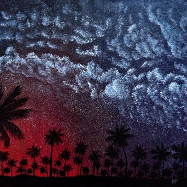 SOFT SUMMER NIGHT - square night landscape, palm trees, Milky Way, astro painting, Palm Beach, Miami skyline, summer evening sunset thumb