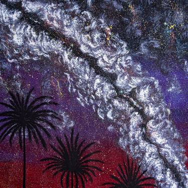 THE ESSENCE OF THE NIGHT - large square canvas skyscape, night sky, Milky Way galaxy, shining stars, astronomy, palm trees, branch, clouds, constellation, fireworks, birthday gift for him thumb