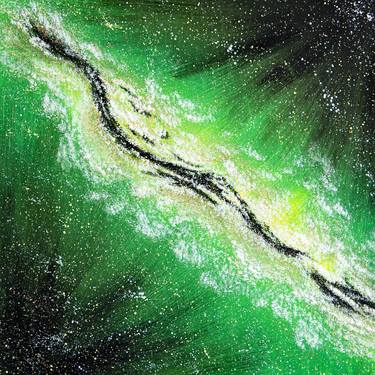 GREEN SKY - small square outer space abstraction, diagonal stripe, milky way, lime color thumb