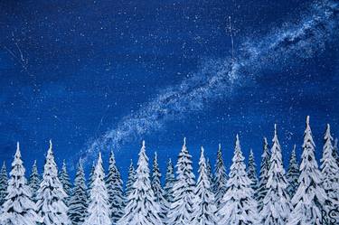 WINTER FIR TREES - small canvas on cardboard winter night landscape with snowy fir trees forest thumb