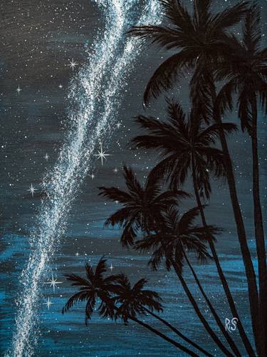 PALM TREES SHADOW - small canvas night landscape, palm trees, milky way, shining stars, summer, Dominican Republic, Miami skyline, Easter gift thumb