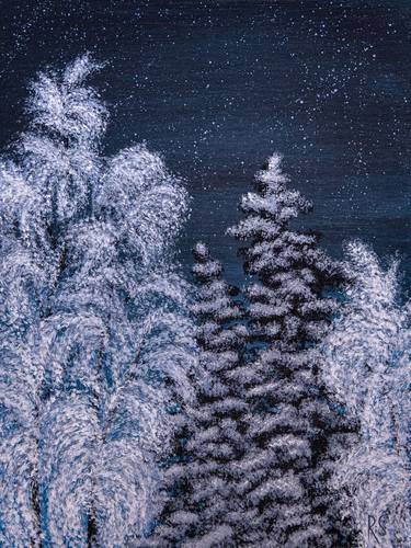 QUIET SEASON - winter landscape, snowy trees, birches, pines, frosty night, dark forest, Scandinavian, north thumb