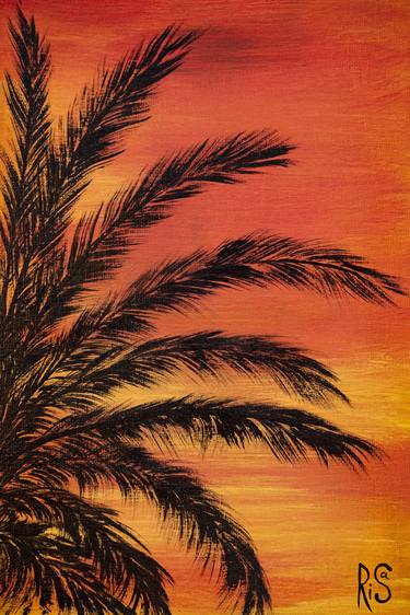SUMMER SUNSET - small desktop art, summer sunset, fiery sky, palm tree branches, interior art, Easter gift thumb