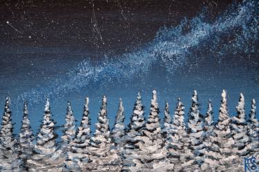 SNOWY NIGHT - small desktop winter landscape, snowy forest, fir trees, spruce, milky way, stars thumb