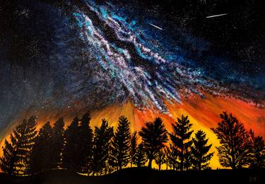 WATCHING THE SKY - sunset sky, forest skyline, trees silhouettes, boy with the dog, sitting man, milky way, shooting stars thumb