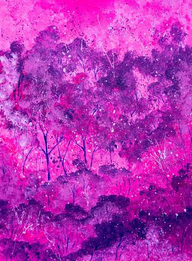 PINK MYSTERY - abstract forest, magic landscape, sacred garden, pink, purple, flowering bushes, framed gift for woman thumb