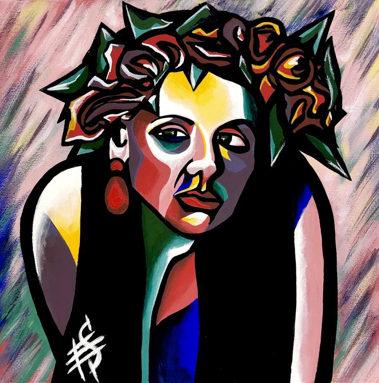 Wild roses in the hair (Picasso Frida Kahlo cubism woman portrait with ...