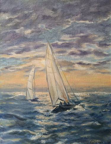 Fine art of a sailboat. Sunset painting on canvas. thumb