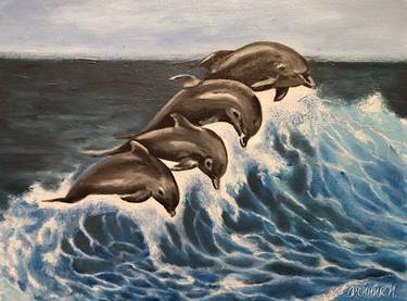 Dolphins oil painting. Animal painting on canvas. thumb