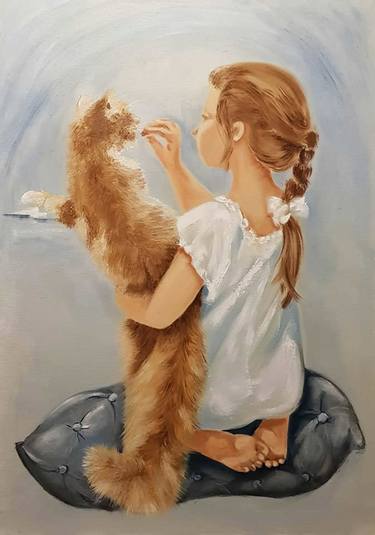 "A girl with a ginger cat."Oil painting. Original Art. thumb