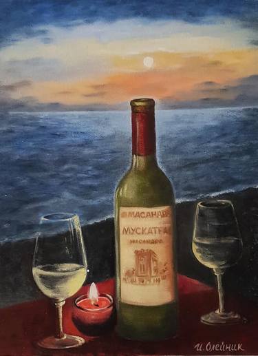Painting, "Bottle of Wine and Candles", Wine and Glass, Original Art. Seascape, Sunset Painting, Beach, thumb